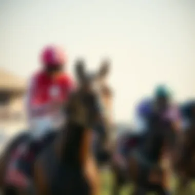 A close-up view of a jockey on a horse ready to race