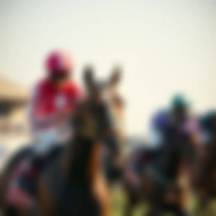 A close-up view of a jockey on a horse ready to race